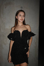 Load image into Gallery viewer, Off shoulder black mini dress