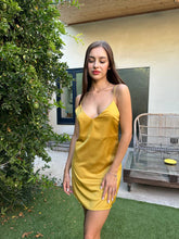 Load image into Gallery viewer, Satin  mustard mini dress