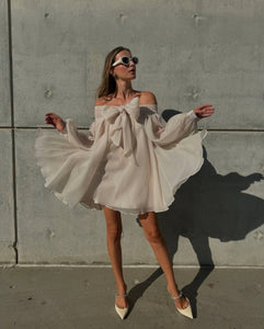 Off-shoulder mini puffy dress