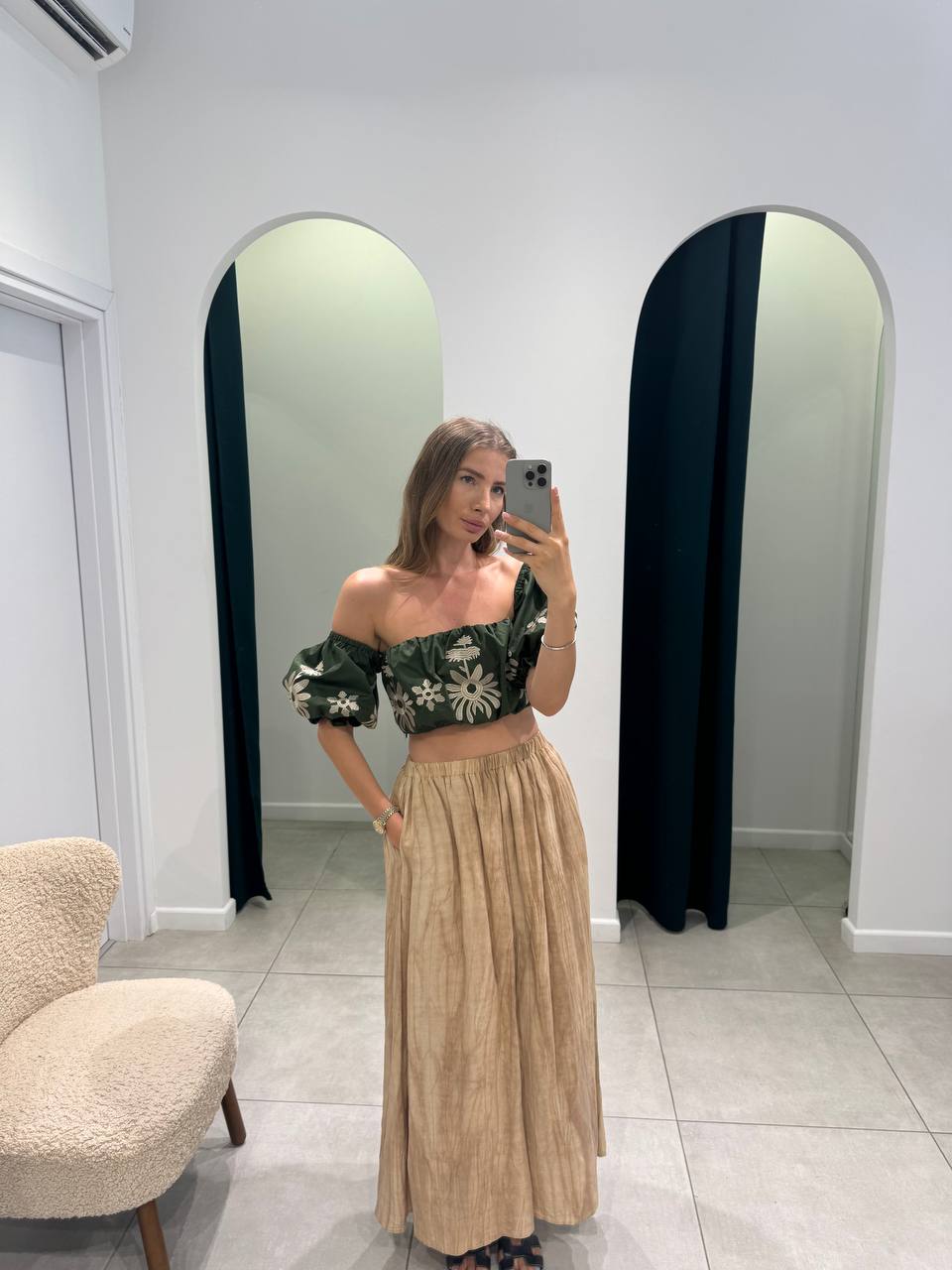 Green off shoulder top