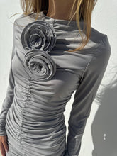 Load image into Gallery viewer, Grey flower-embellished mini dress