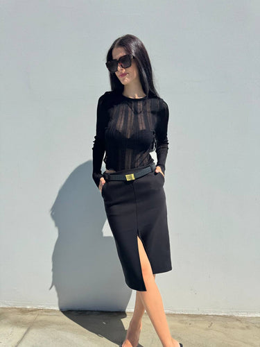 Black belted pencil skirt