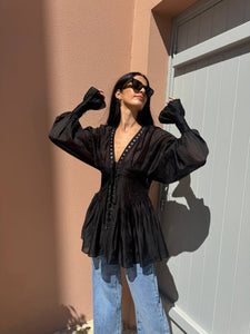 Black blouse with balloon sleeves